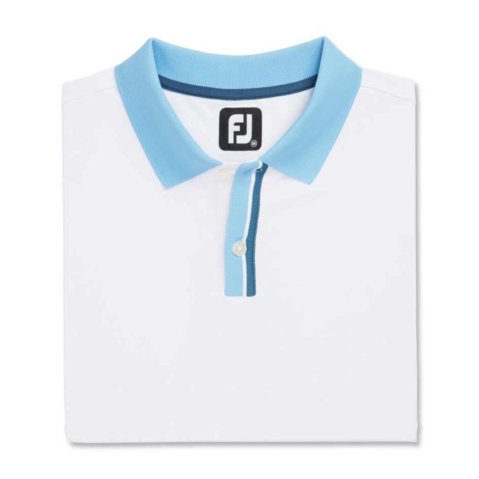 Footjoy Switzerland Einfarbiger Stretch-Piqué Mit Gestreifter Knopfleiste, Strickkragen – Stil Der Vorsaison, Weiß