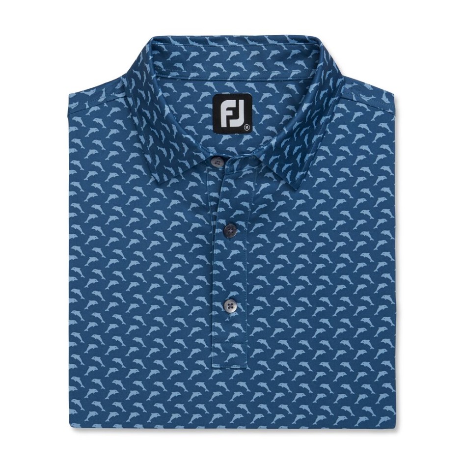 Athletische Passform, Kleiner Kragen Mit Springenden Delfinen, Aufdruck Footjoy Switzerland Tintenblau