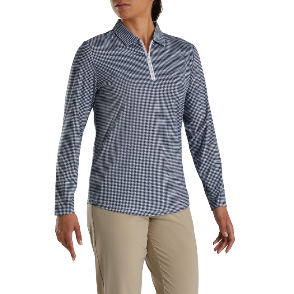 Marineblaues Hahnentrittmuster Footjoy Switzerland Sonnenschutzshirt Damen