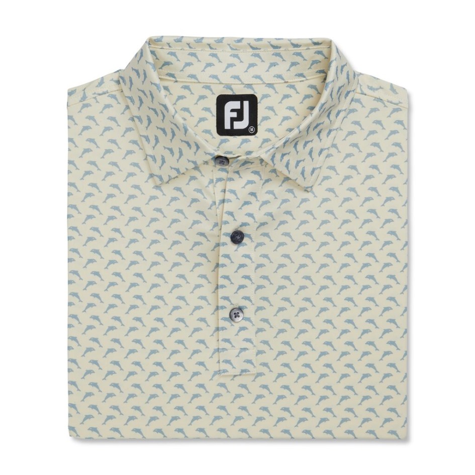 Footjoy Switzerland Athletische Passform Lisle Jumping Dolphins Print Selbstkragen Limonade-Taubengrau