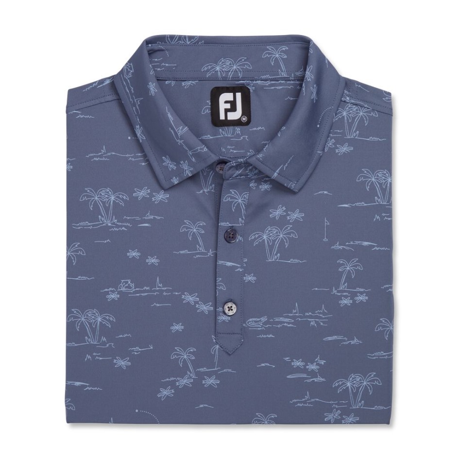 Footjoy Switzerland Bluestone-Denim Tropischer Golf-Print Lisle Stehkragen