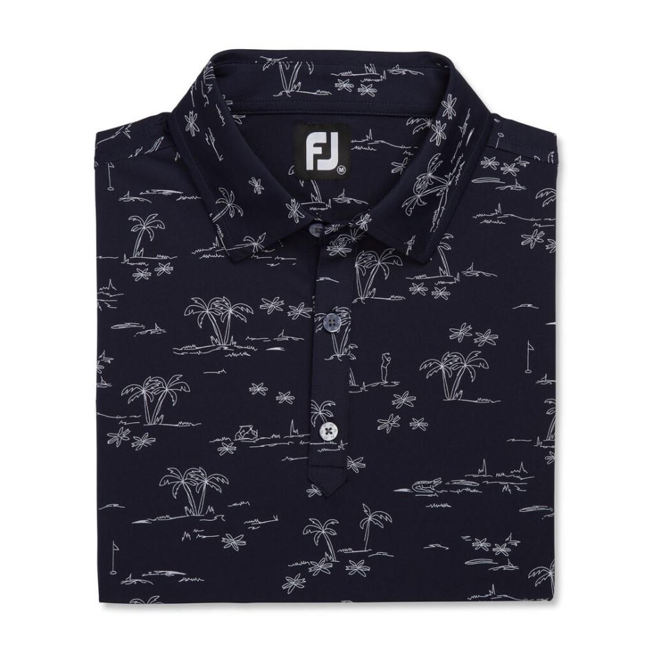 Footjoy Switzerland Tropic Golf Print Lisle Selbstkragen Navy-weiß