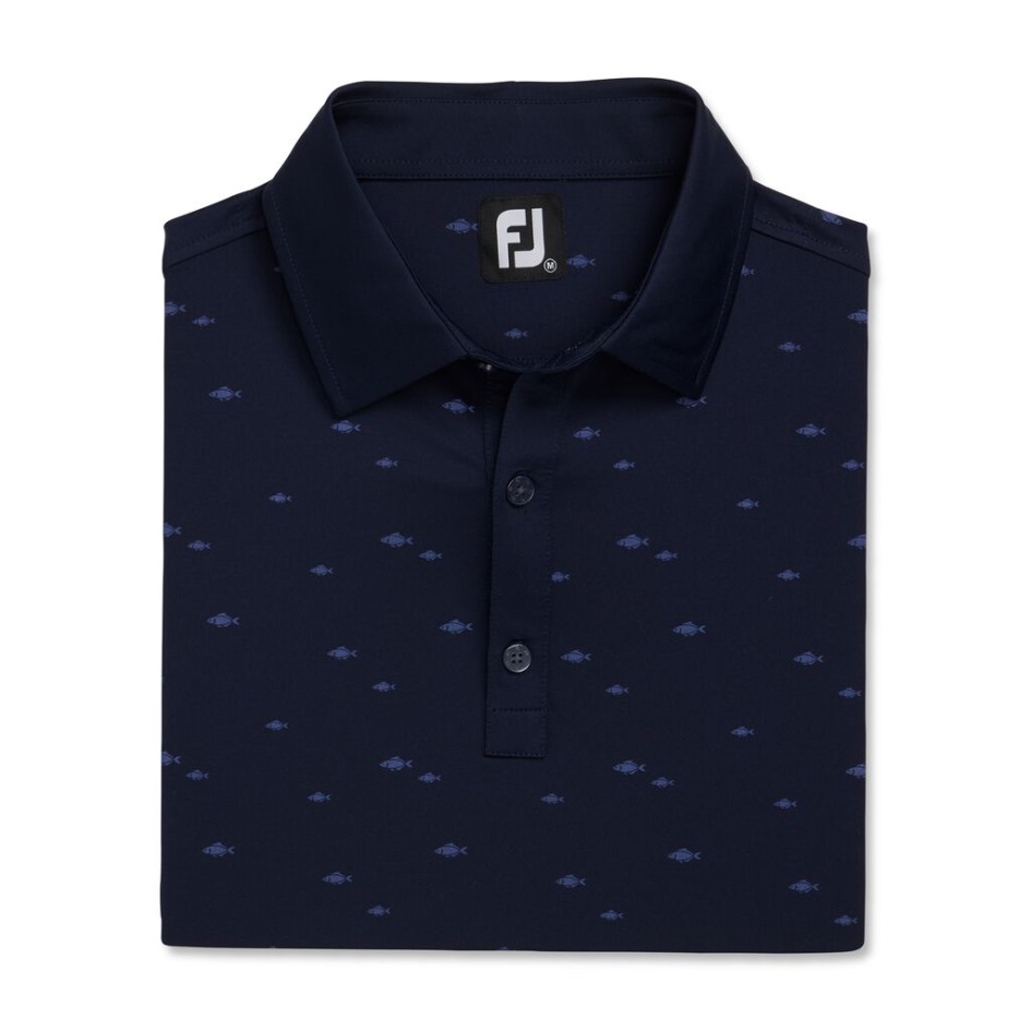 Navy, Sportliche Passform, Fischschwarm-Print, Lisle, Selbstkragen, Footjoy Switzerland
