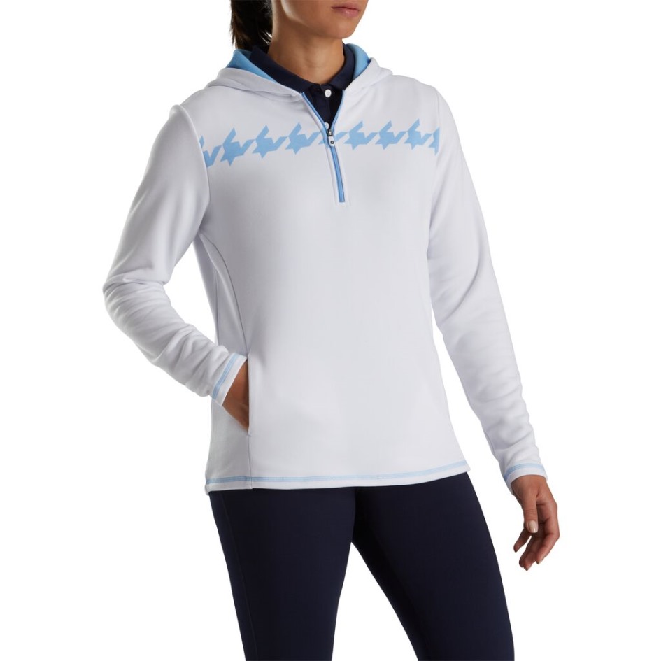 Footjoy Switzerland Weiß-hellblauer Hahnentritt-hoodie Mit Halbem Reißverschluss Damen