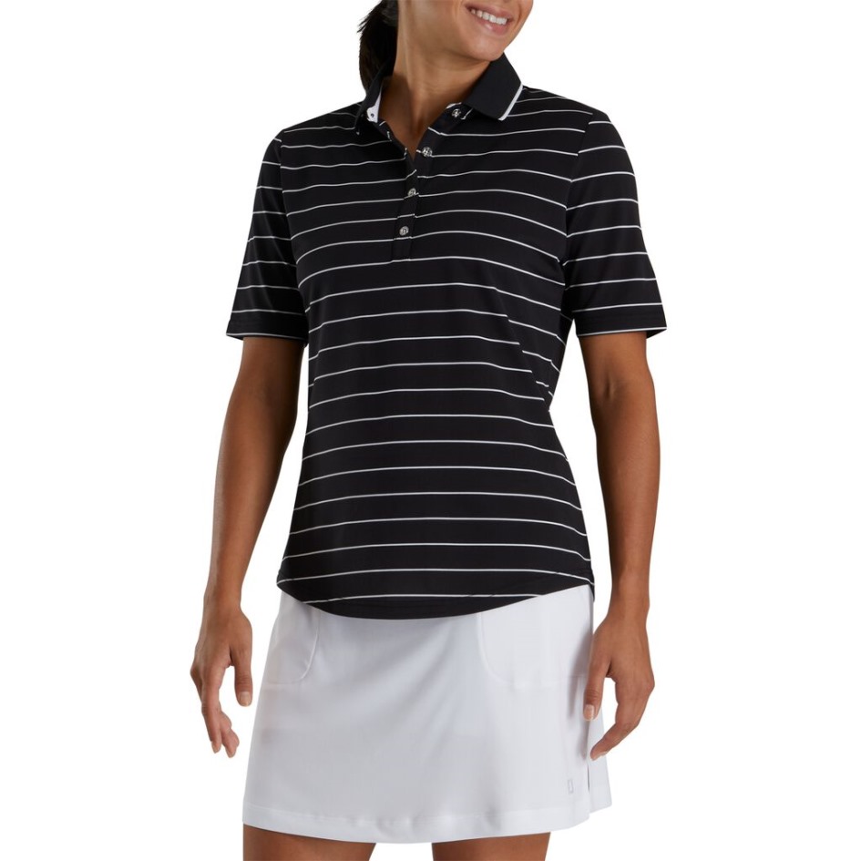 Footjoy Switzerland Pique Halbarm Nadelstreifen Damen Schwarz