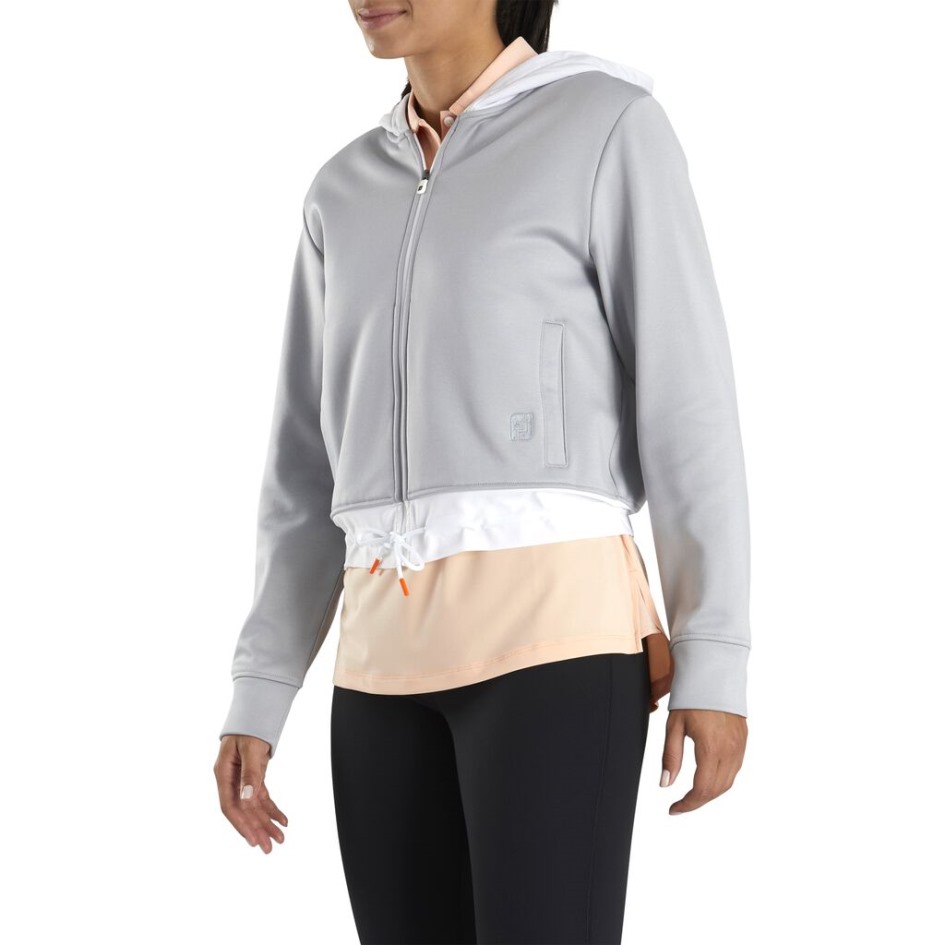 Cropped-Fleece-Kapuzenpullover Für Damen Im Stil Der Vorsaison Footjoy Switzerland Heather Grey-White-Webbesatz